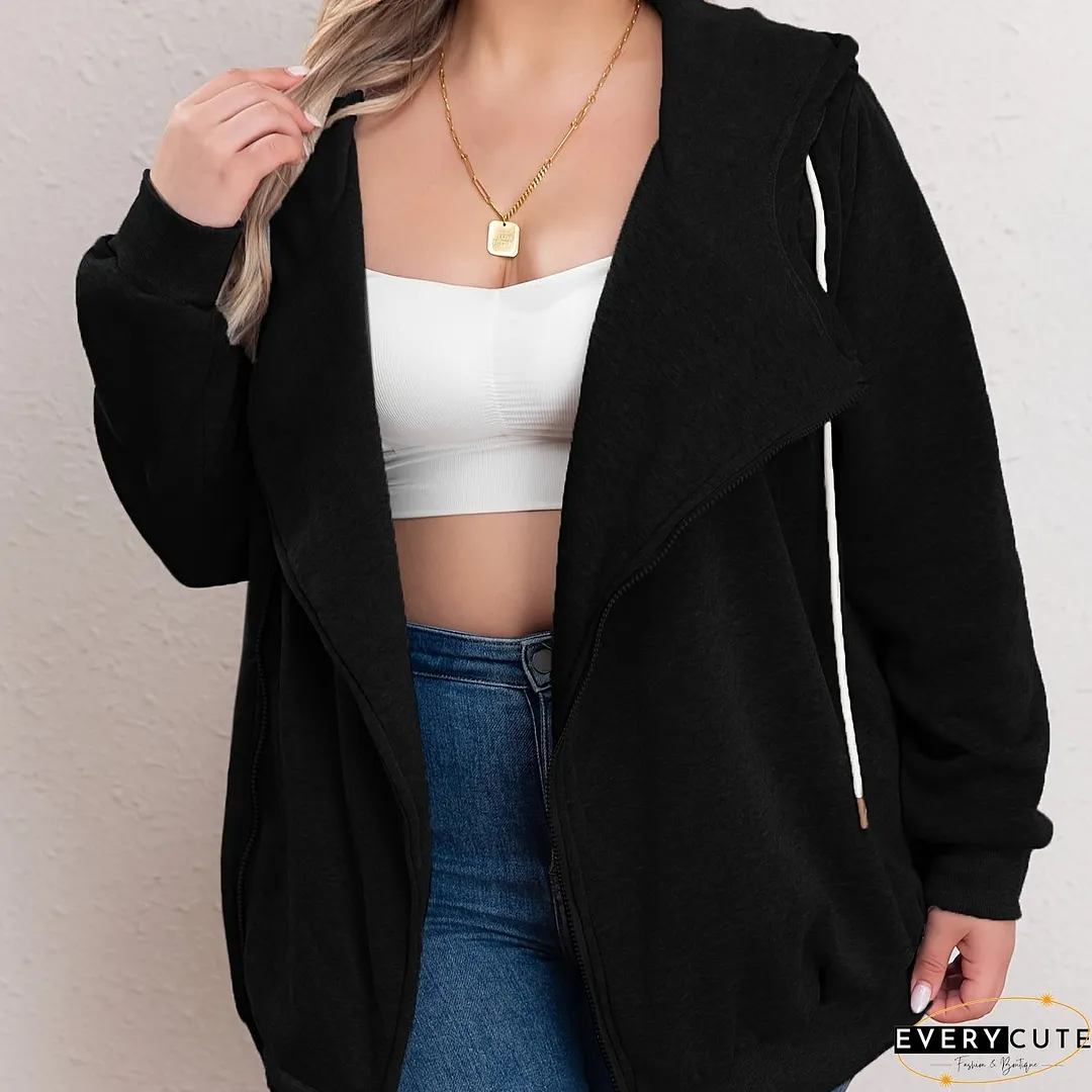 Plus Size Casual Sweatshirt, Women's Plus Solid Zipper Front Long Sleeve Drawstring Hooded Sweatshirt