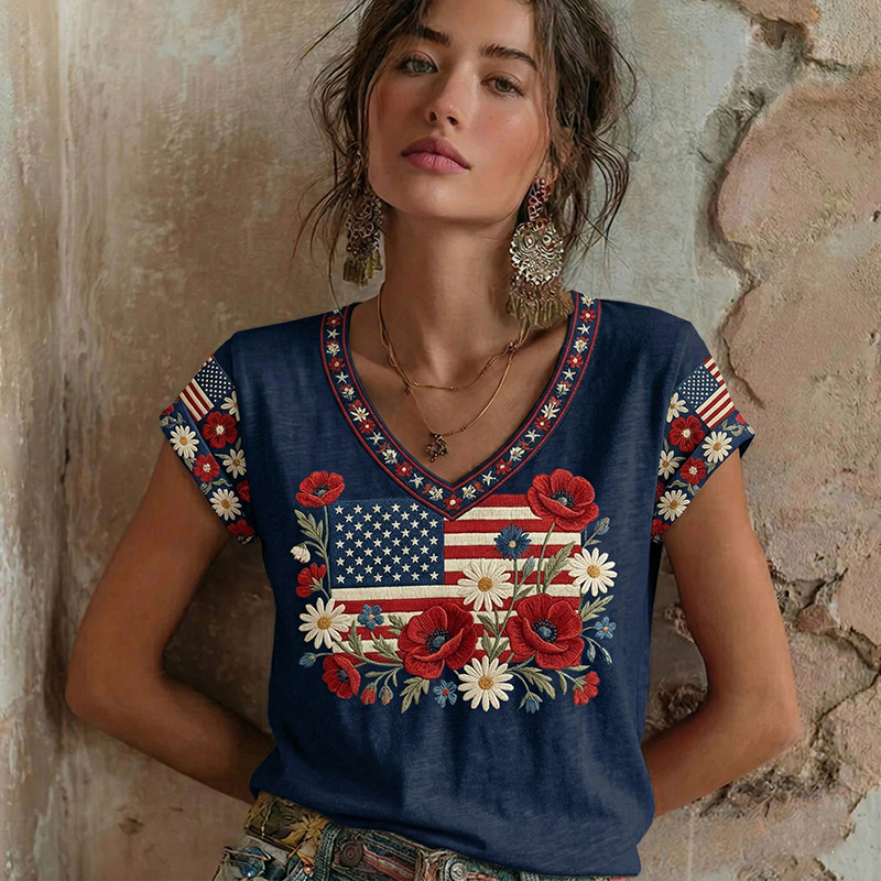 Comstylish Women's Retro Flag Floral Art Pattern V-neck Short Sleeve T-shirt