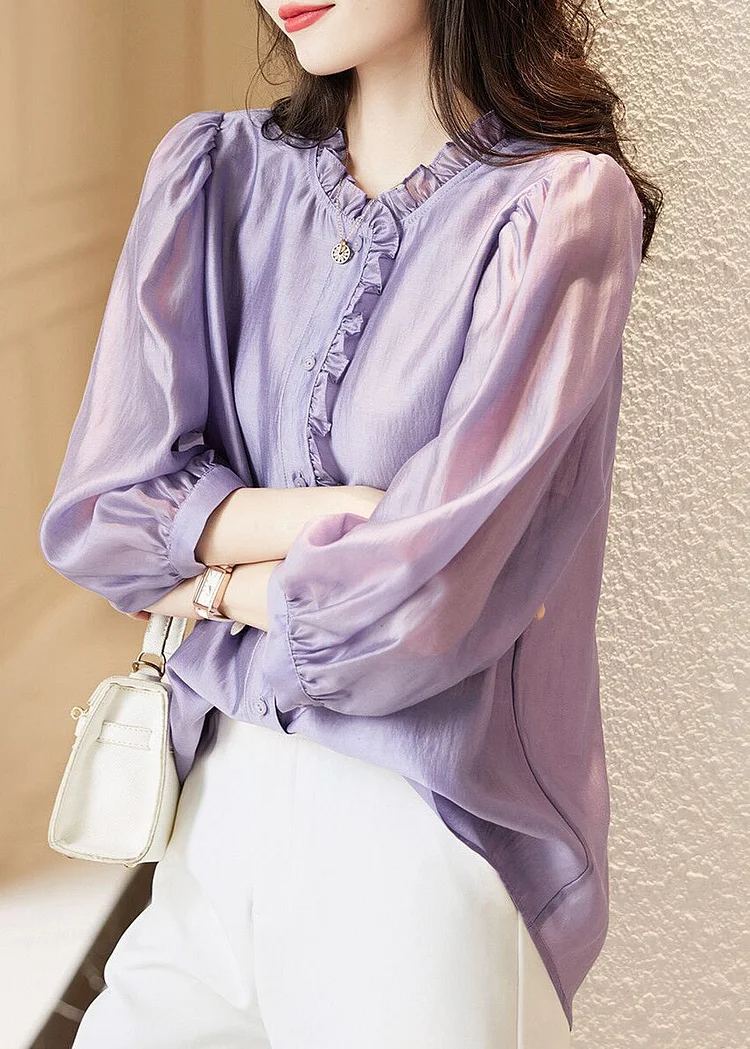 French Purple Ruffled Button Chiffon Shirts Long Sleeve