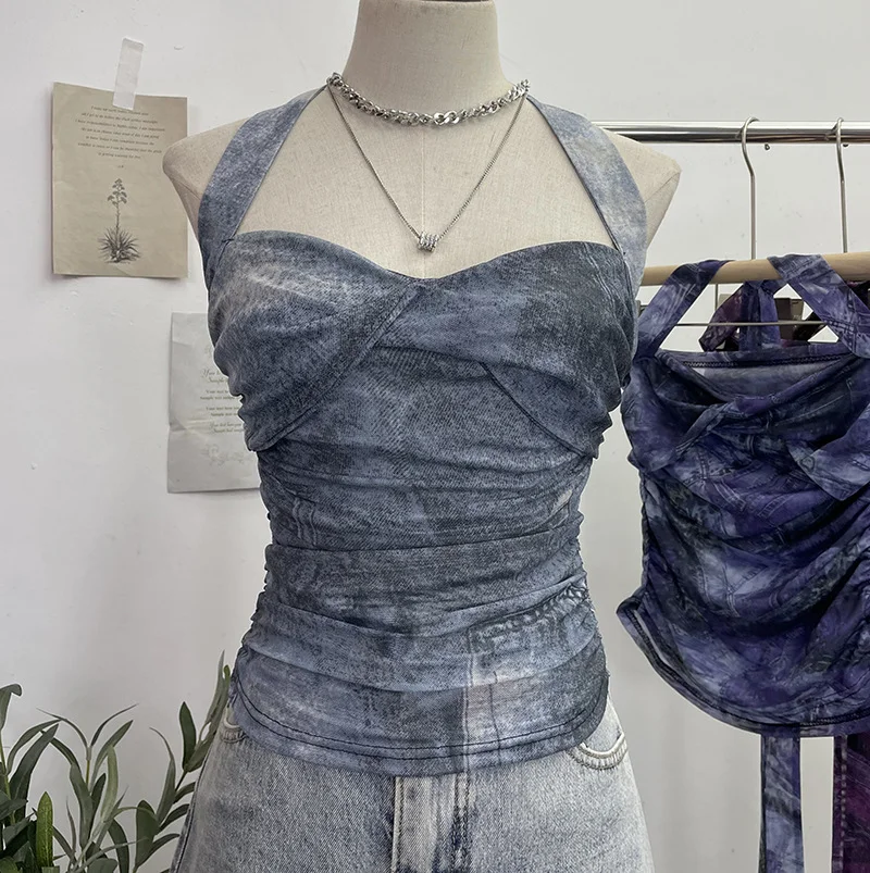 Uveng Solid Shot Tie-Dye-Dyed Denim Print Folding Mesh Sling Sling Sling Neck With Bow Striped Backwear 9921