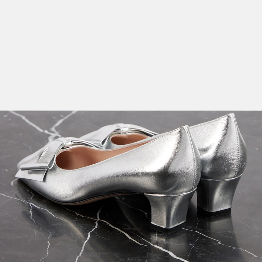 Women's Metallic Finish Chunky Heel Bow Square Toe Silver Pumps
