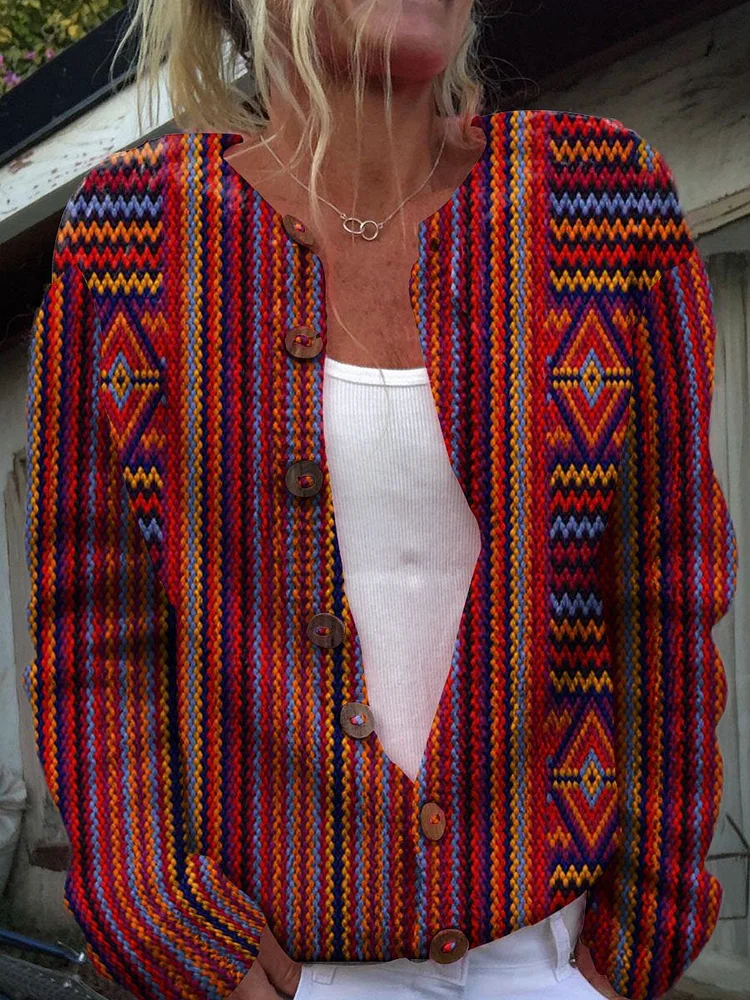 Retro Geometric Art Print Buttoned Cardigan Sweater