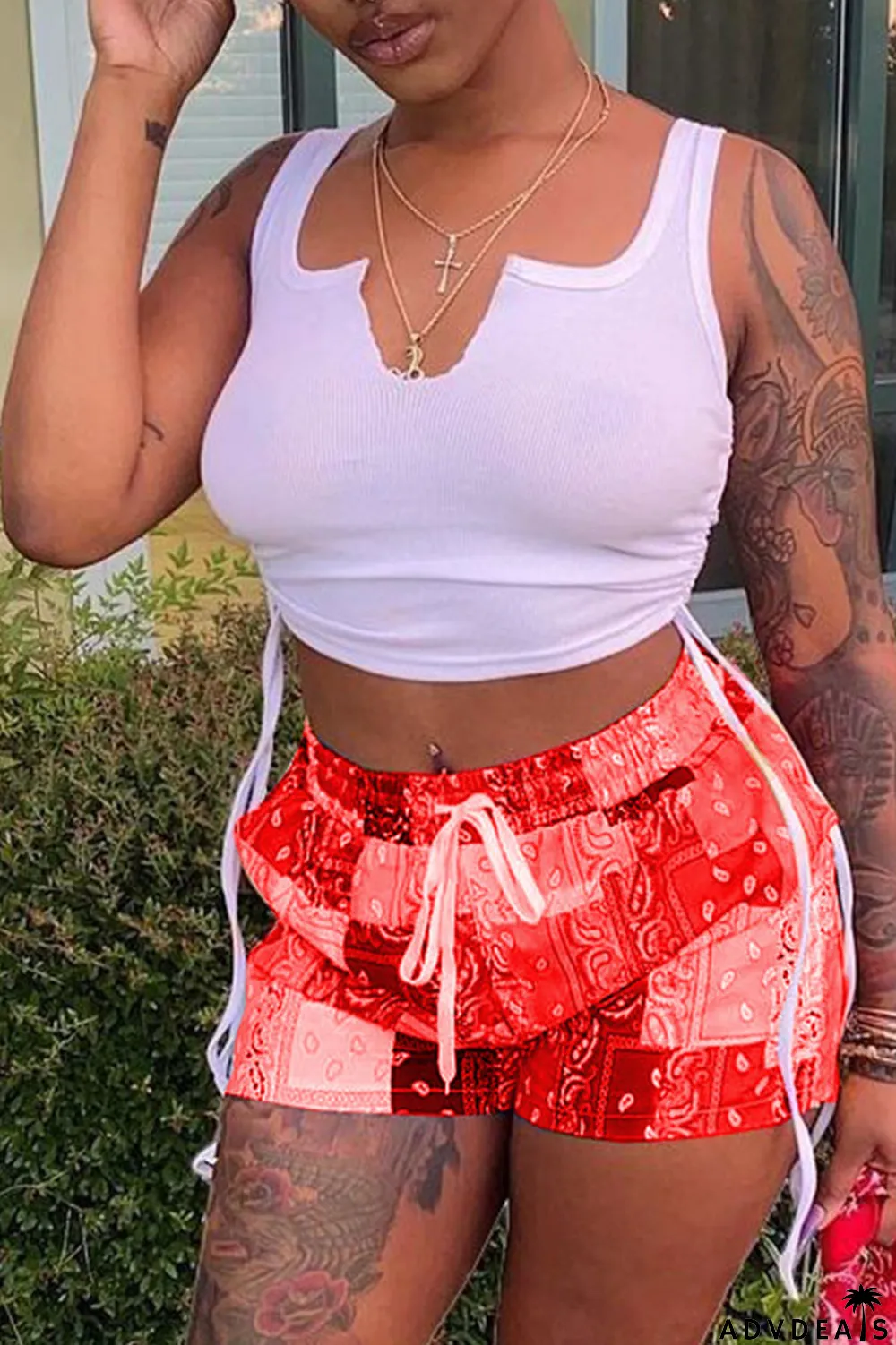 Grey Sexy Print Ripped Contrast Spaghetti Strap Sleeveless Two Pieces