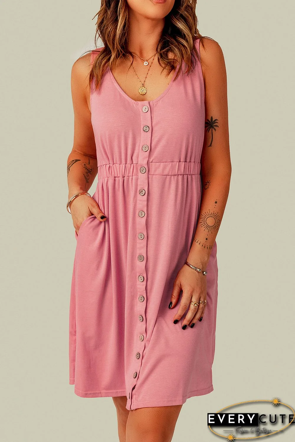 Pink Buttons Sleeveless High Waist Mini Dress