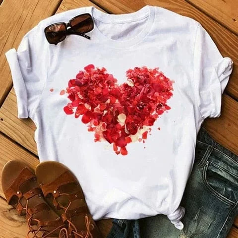 pornhint Pornhint Maycaur Heart Flower T Shirt Summer Women Short Sleeve Leisure Tops Tees Casual Female T Shirts Loose Plus Size Woman Clothes