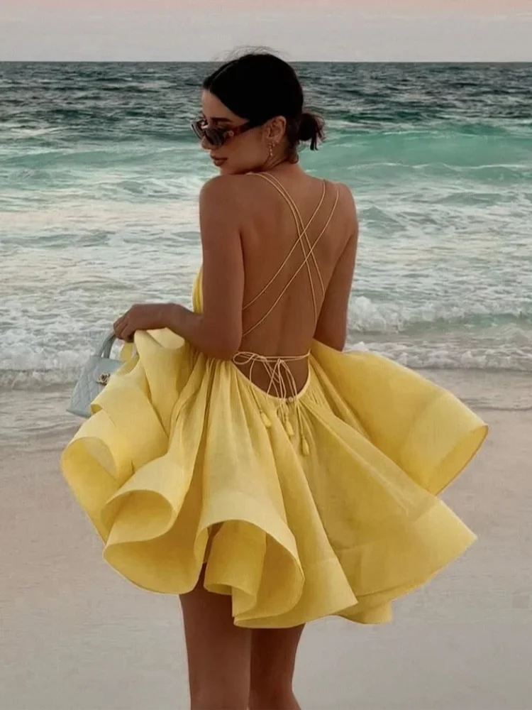 Sexy Backless Lace Up Women's Sling Chic Solid High Waist Party Beachwear Mini Dress