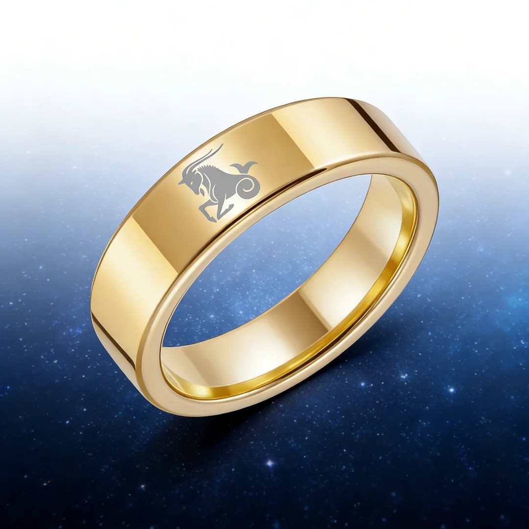 Men Women Gold Capricorn Tungsten Carbide Rings Couple Wedding Band Flat Comfort Fit 4MM 6MM 8MM Width