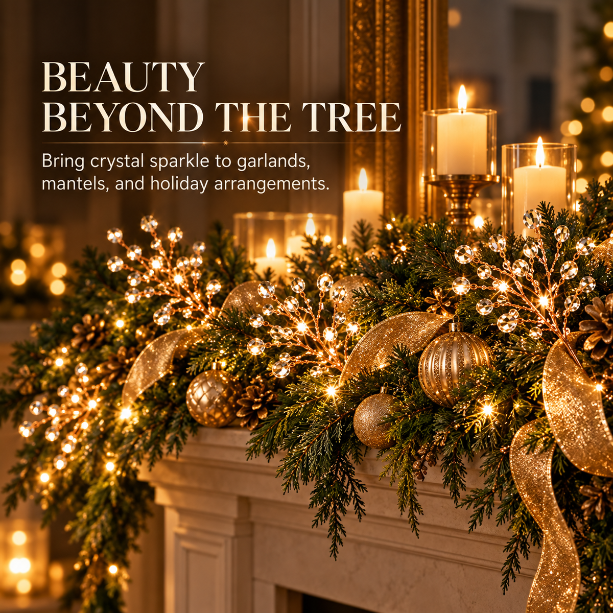 Crystal branch picks arranged in festive mantel garland with candles