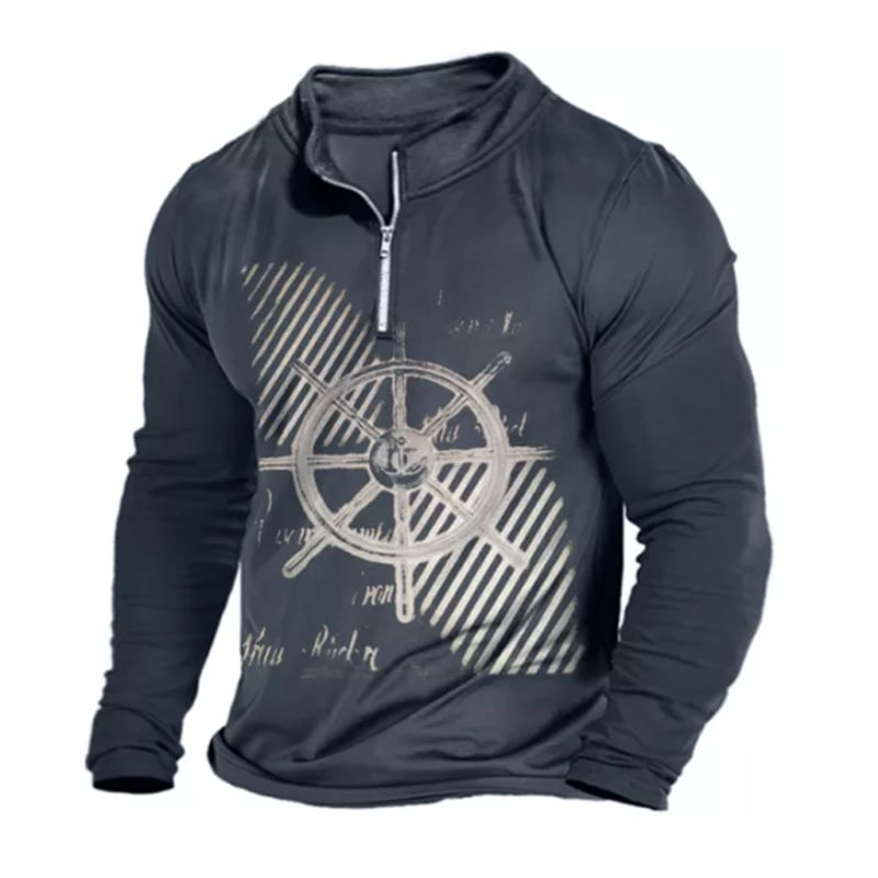 Men's Vintage Printed Stand Collar Long Sleeve T-shirt