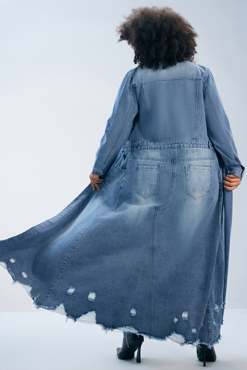 Design Plus Size Daily Coat Casual Light Blue Long Fall Winter Shirt Collar Ripped Denim Coat