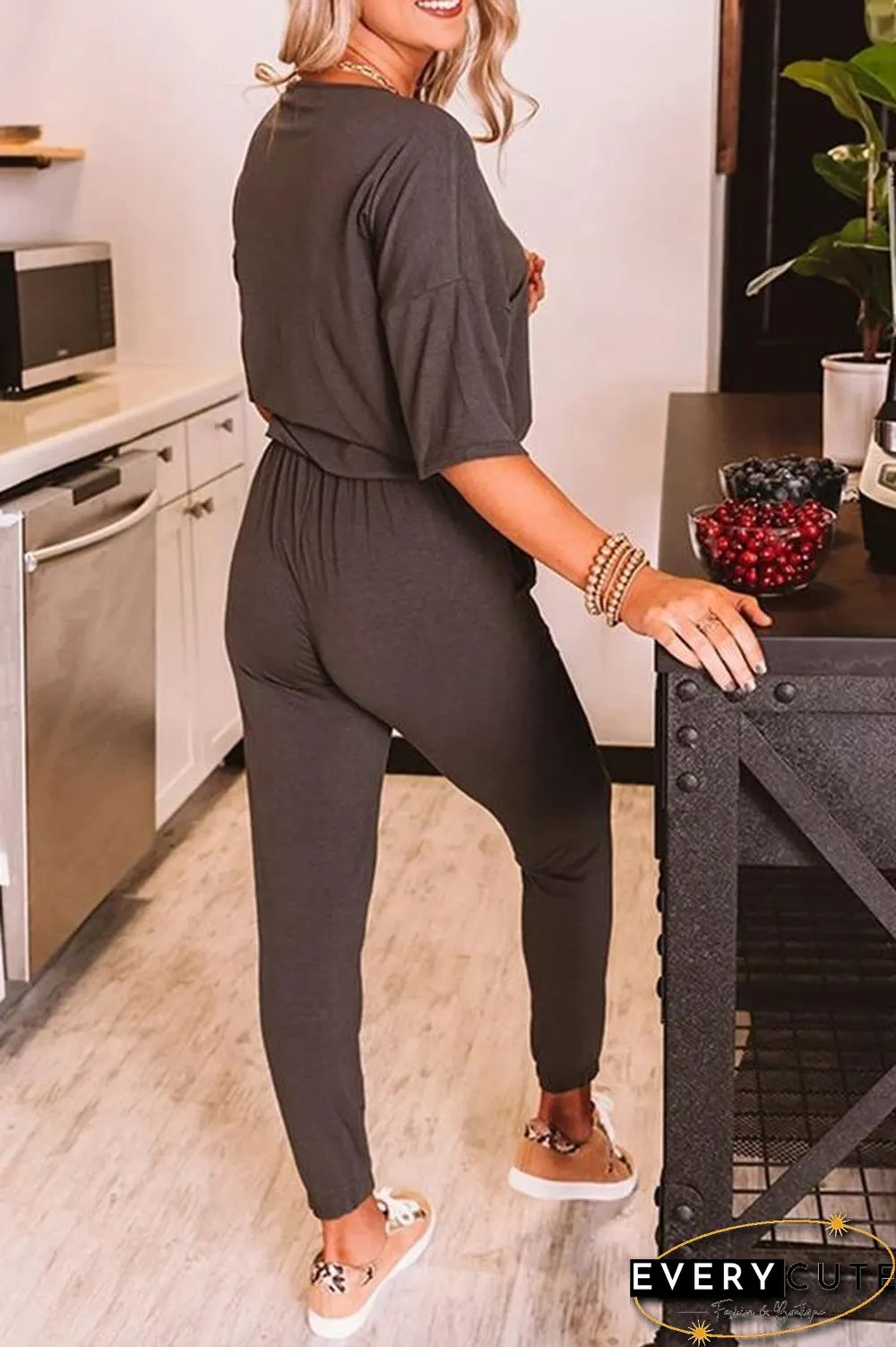 Solid Color Short Sleeve Casual Jumpsuit P15052