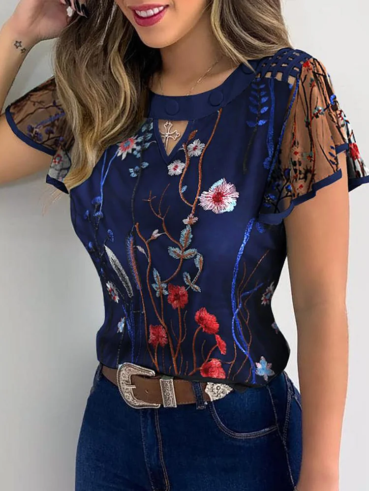 Elegant Floral Embroidery Hollow Sheer Mesh Flutter Sleeve Shirt