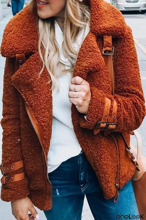 Buckle Fuzzy Zipper Coat