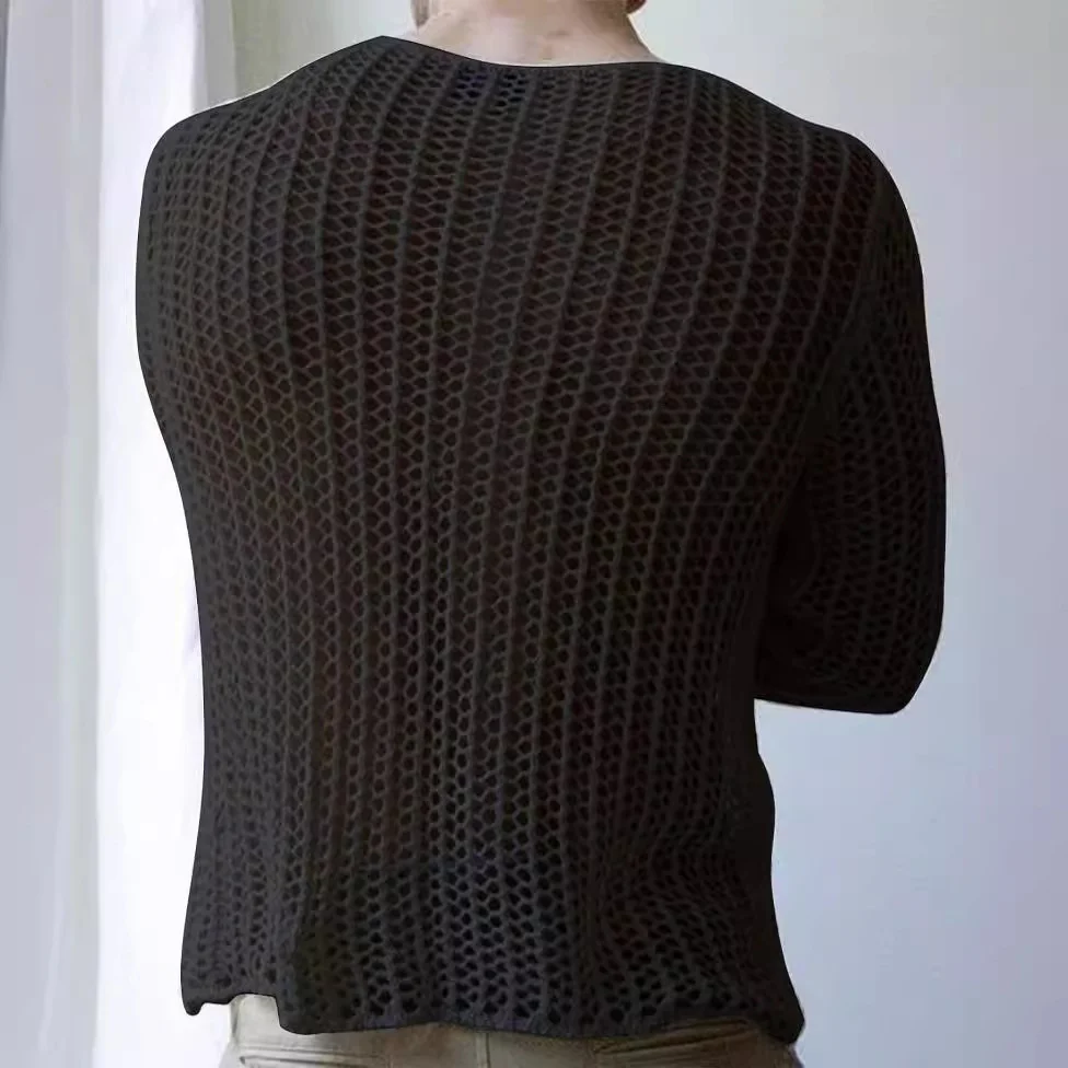 Uveng Uveng Men Summer Sun Protection Coat Hollow-Out Breathable Long Sleeve Round Neck Knit Men's Jumper Men's Top