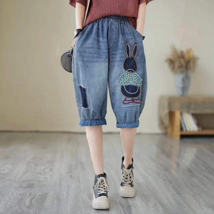 Women Sumemr Casual Rabbit Embroidery Denim Shorts