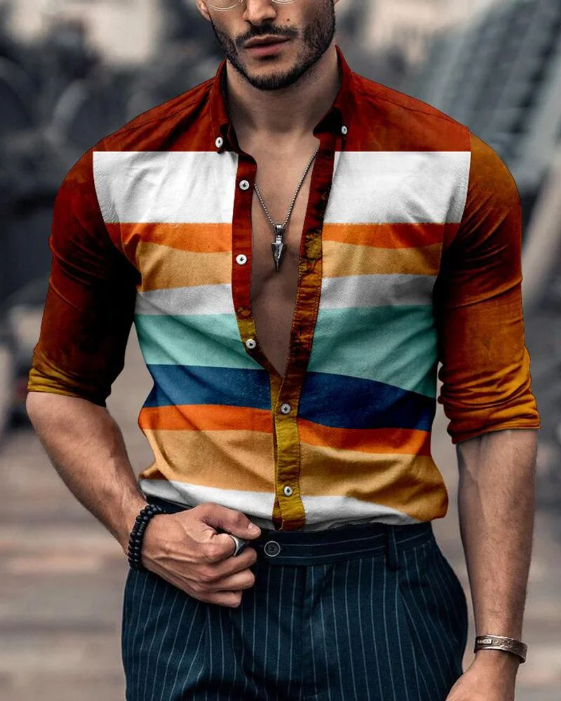 Men's Fashion Color Block Printing Long-Sleeved Shirt