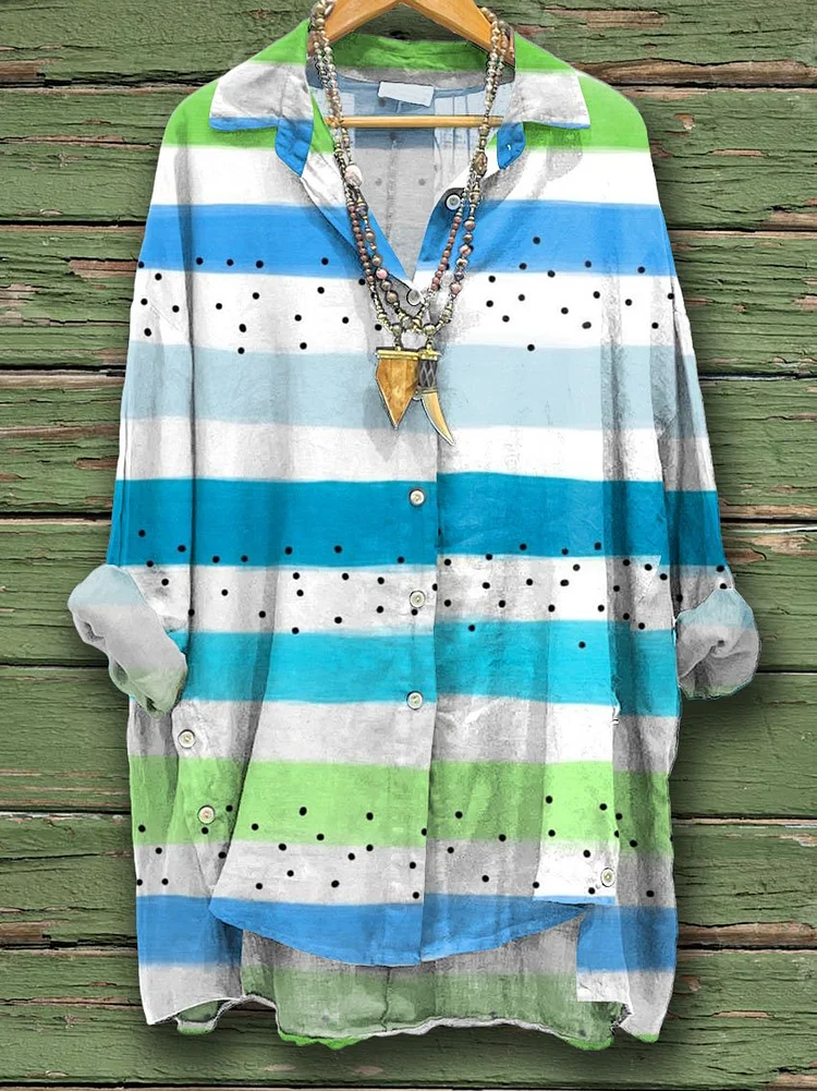 Women's Stripe Print Casual Cotton And Linen Shirt