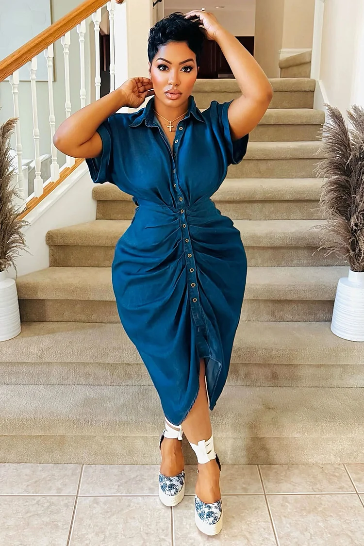 Dropped Shoulder Button Up Ruched Vacay Denim Midi Dresses-Blue