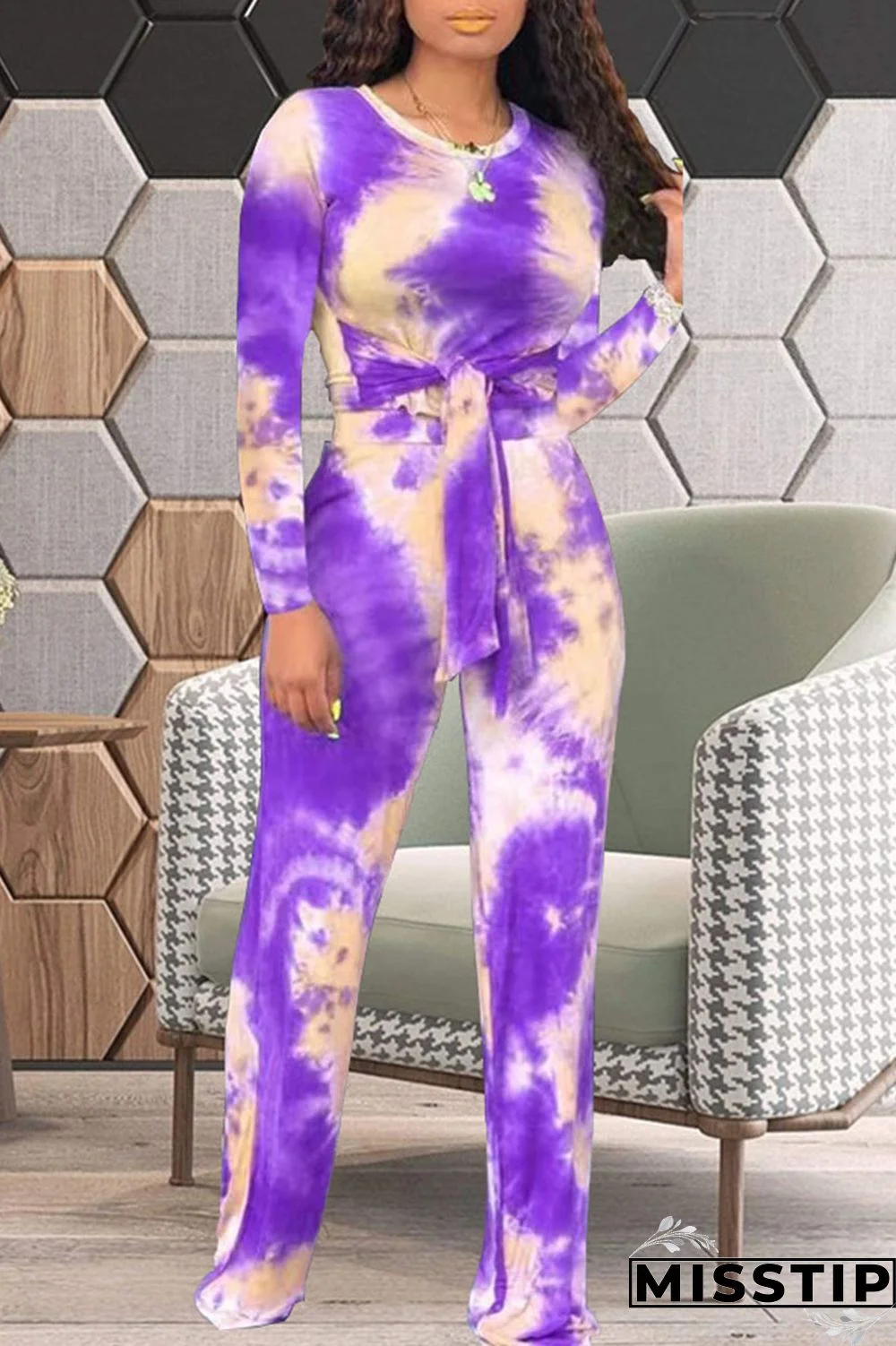 Deep Blue Casual Print Tie-dye O Neck Long Sleeve Two Pieces