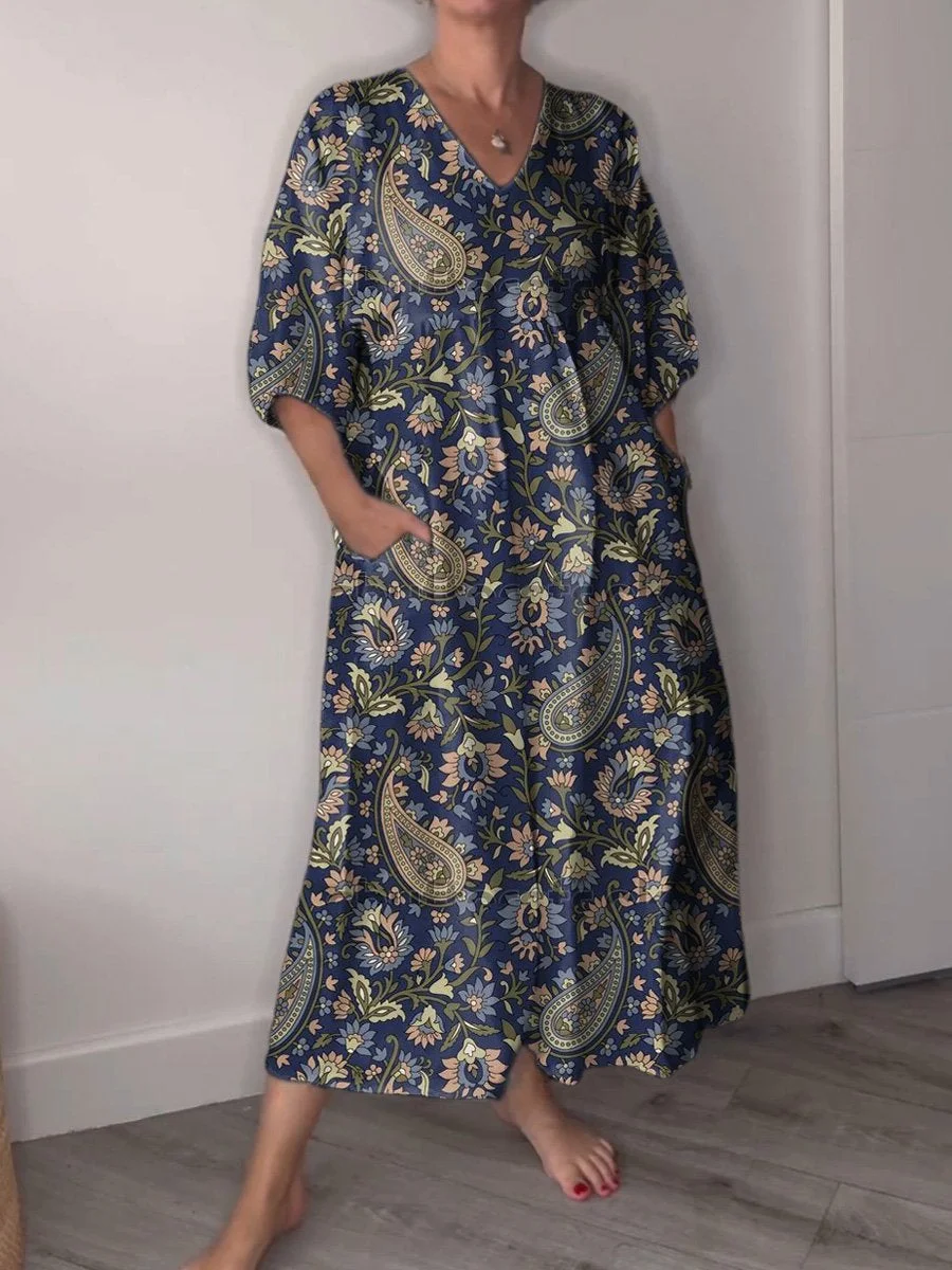 Ethnic Style Paisley Pattern Printed Women's Pocket V-Neck Cotton Dress