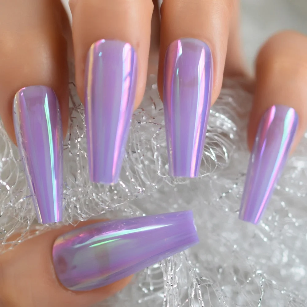 Chrome Lavender Purple Press On Fingernails Unicorn Holo Fake Nails Extra Long Ladies Designed Tips for Finger