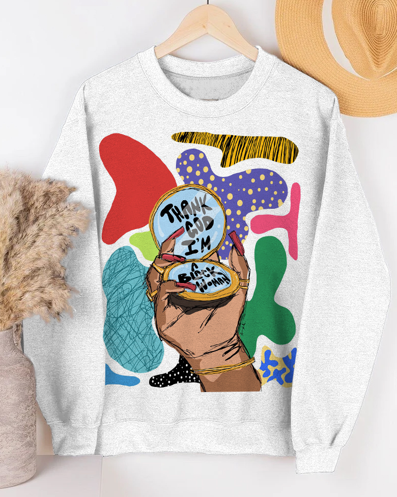 Women's Fashion Thank God I Am A Black Woman Art Prints Long-sleeved Sweatshirt