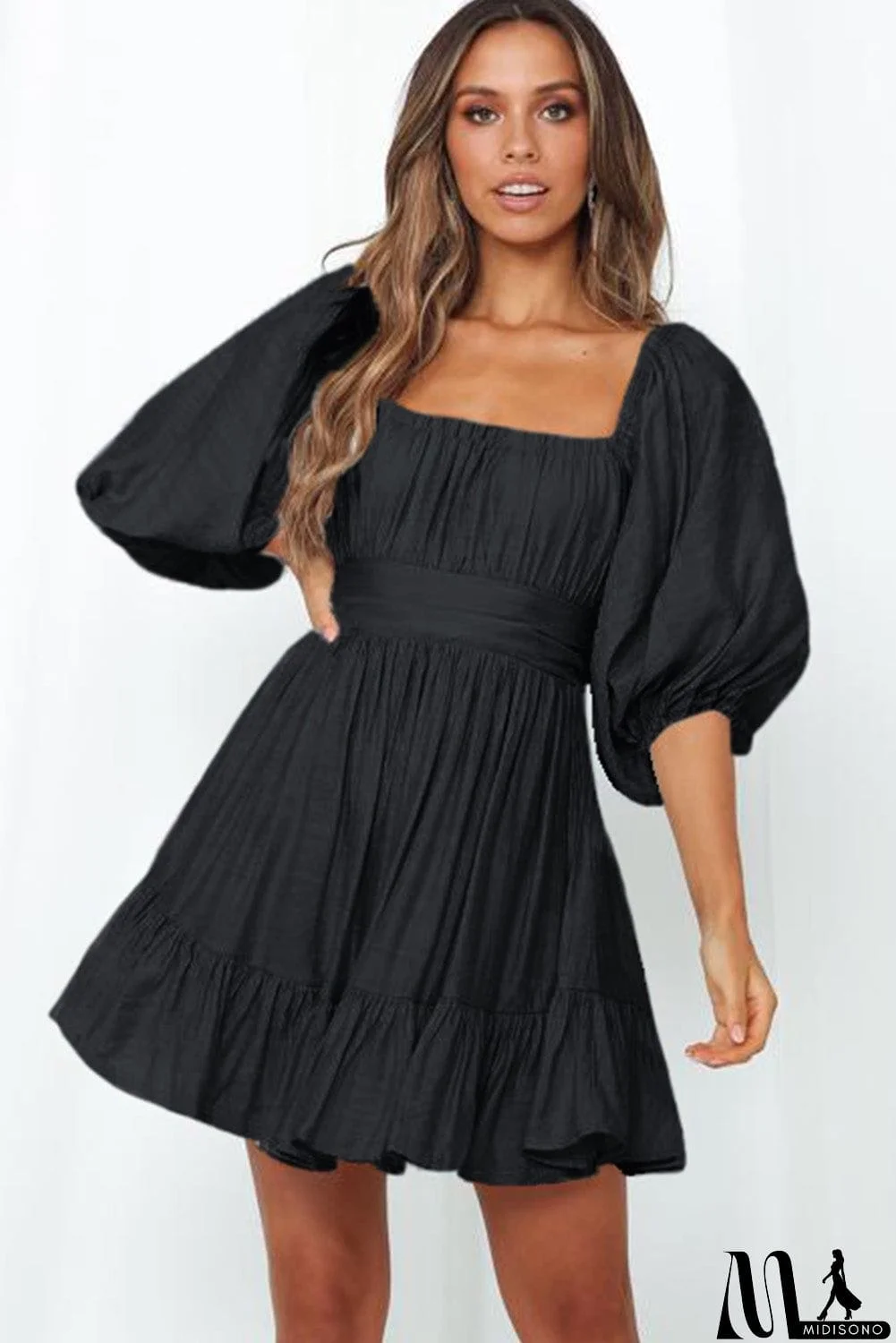 MidiSono - Bow Knot Square Neck Ruffled High Waist Mini Dress