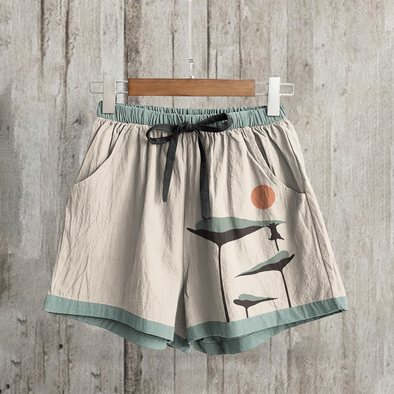 Comstylish Abstract Creative Lotus Leaf Cat Painting Art Linen Shorts
