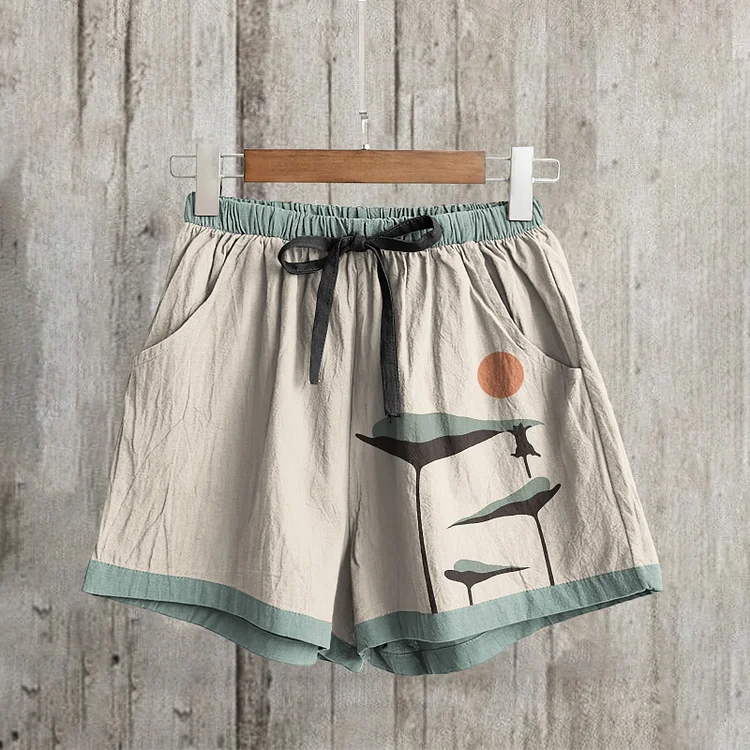 Abstract Creative Lotus Leaf Cat Painting Art Linen Shorts