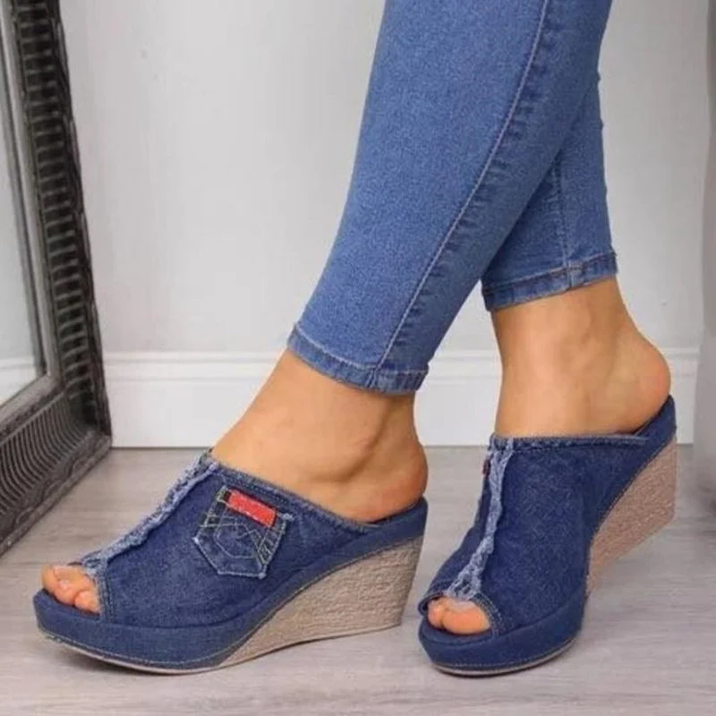 New Brand Hot Women's High Heels Fashion Denim Slippers Women Wedge Heel Toe Platform Shoes Large Size 35-43 Zapatos De Mujer