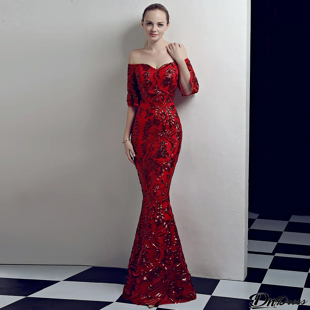 Women Elegant Off Shoulder Half Sleeve Sequins Party Evening Dress