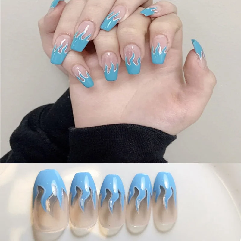 24pcs Long Pointy Head Wearable Manicure fake nails with glue Fashionable Natural Blue Sky White Cloud Water Drop Beautiful nail-Nail Inspo