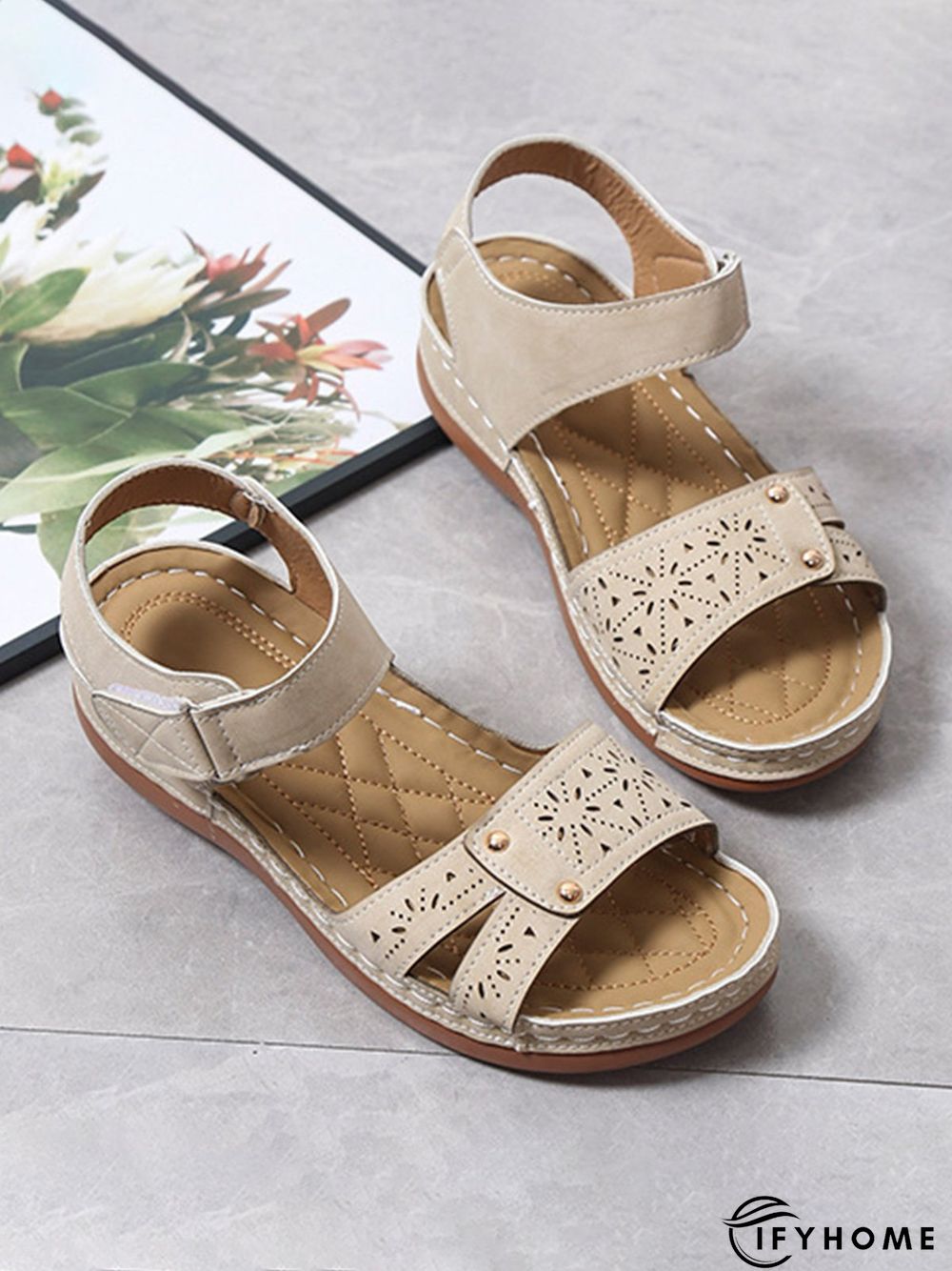 Vintage Laser Cut out Velcro Strap Sandals | IFYHOME