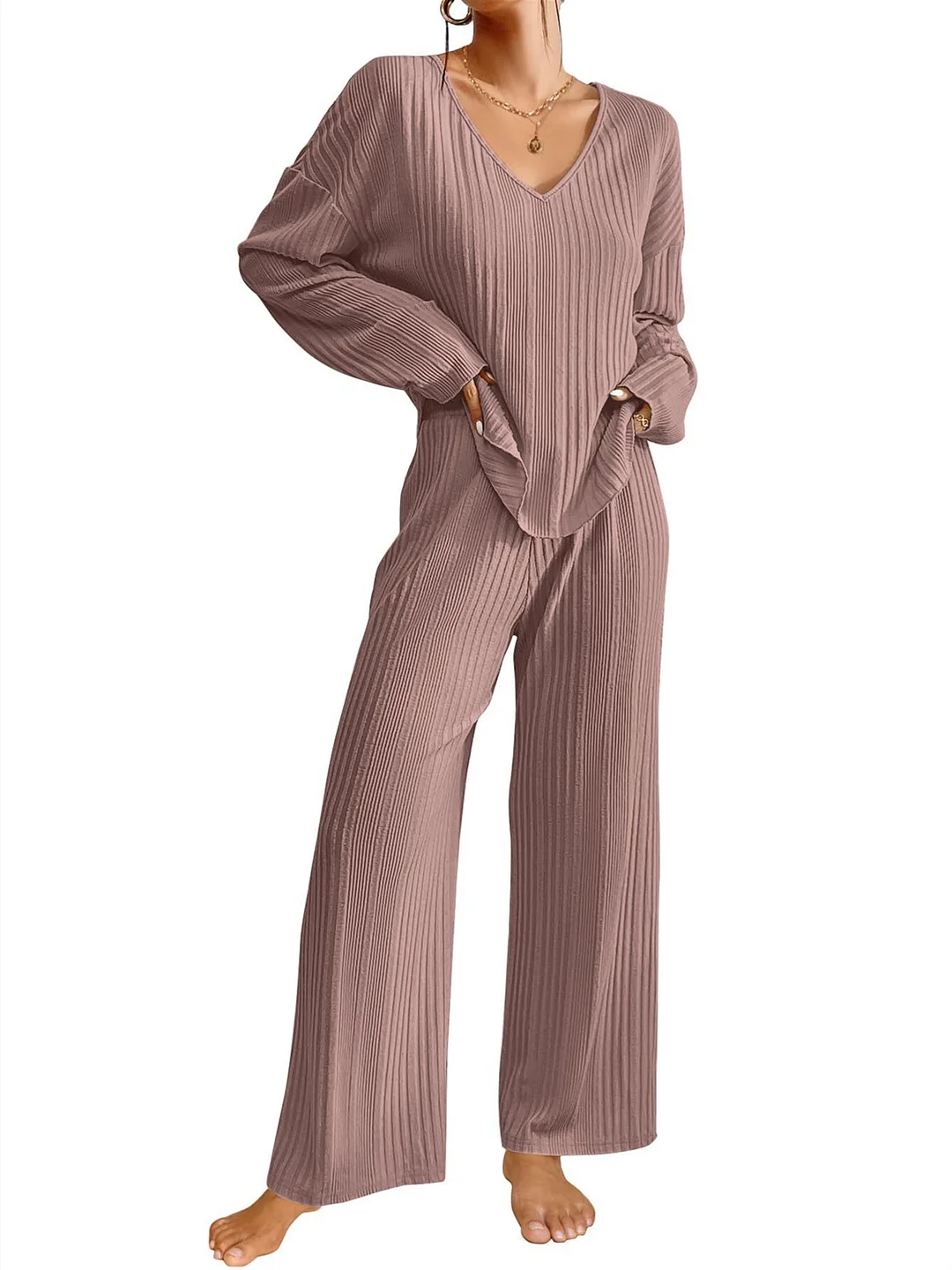 Women Half Sleeve V-neck Solid Color Dress