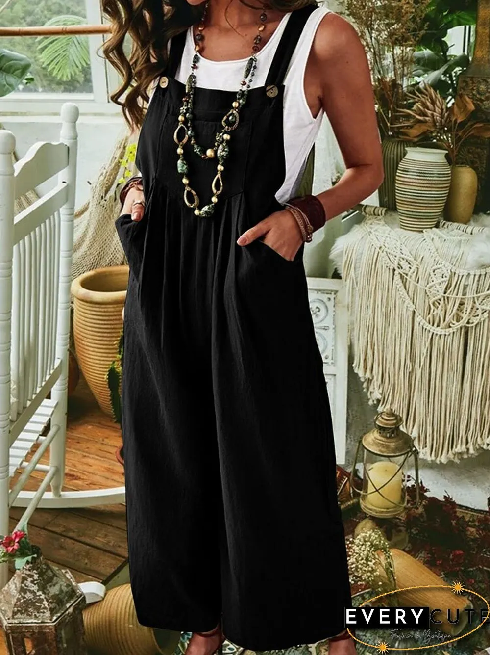 Casual Jumpsuit-Solid Color Womens Clothing Summer Solid Color Cotton Linen Pocket