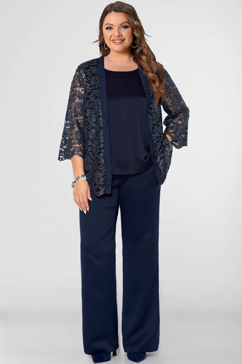 Flycurvy Plus Size Mother Of The Bride Navy Blue Lace Flutter Sleeve Three Piece Pant Suit