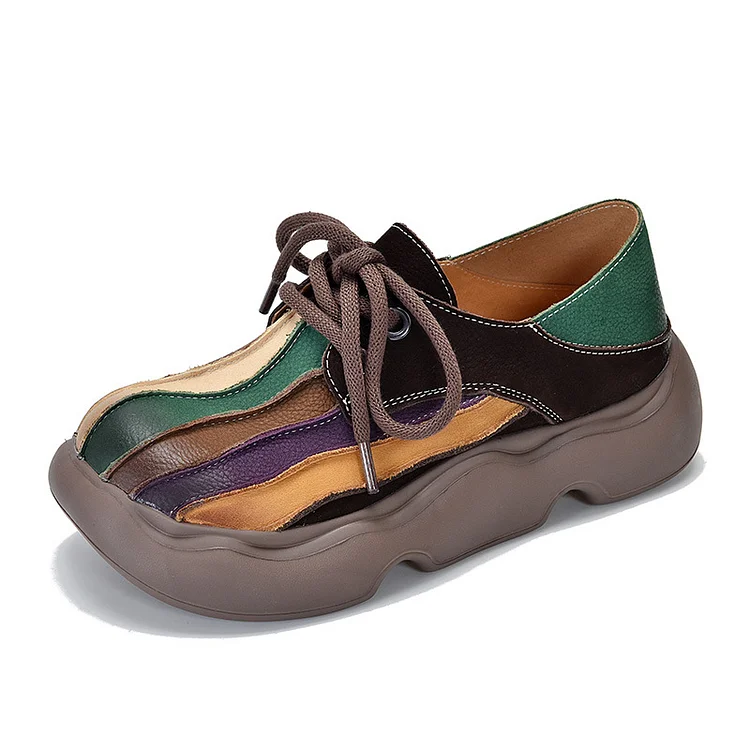 Niche Design Leather Colorblock Flat Shoes
