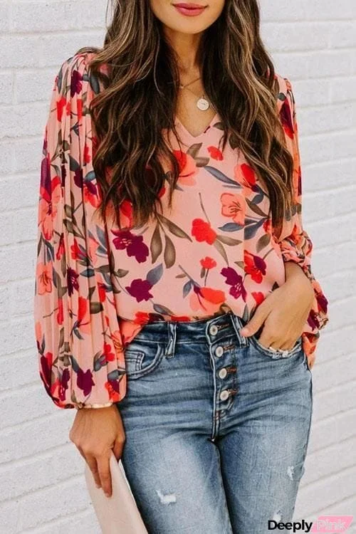 Pleated Lantern Sleeve Flower Print Blouse Top