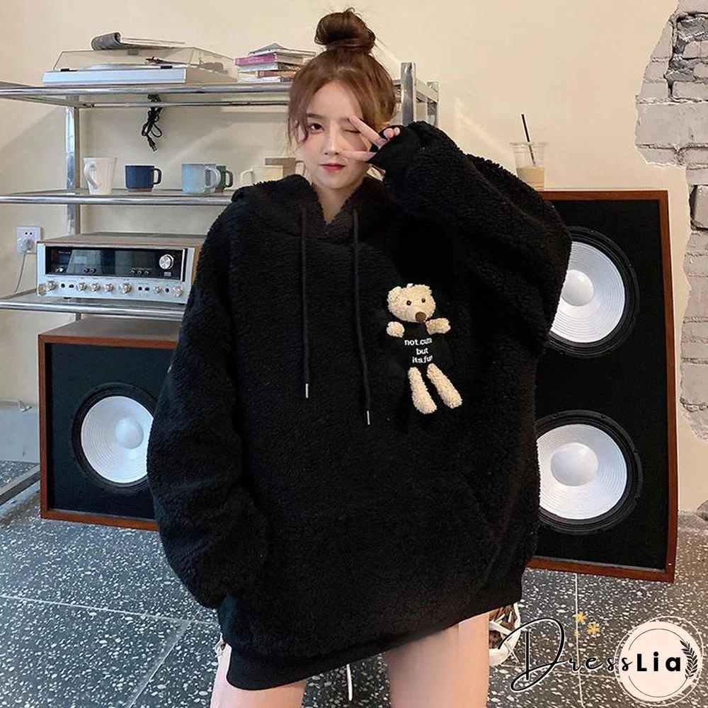 Kawaii Bear Fleece Winter Women Sweatshirts Hoodies Fashion Cute Doll Pullover Oversized Casual Loose Warm Clothes Streetwear