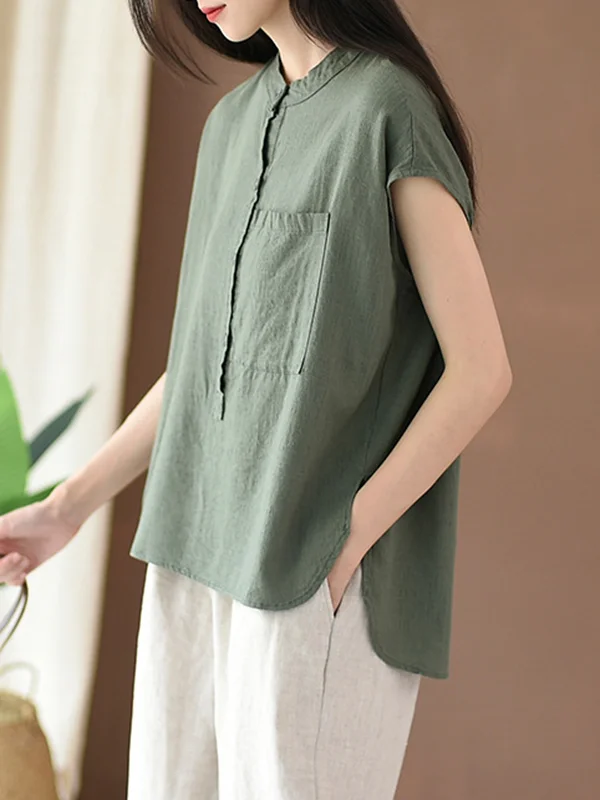 Cap Sleeve High-Low Solid Color Stand Collar Blouses&Shirts Tops