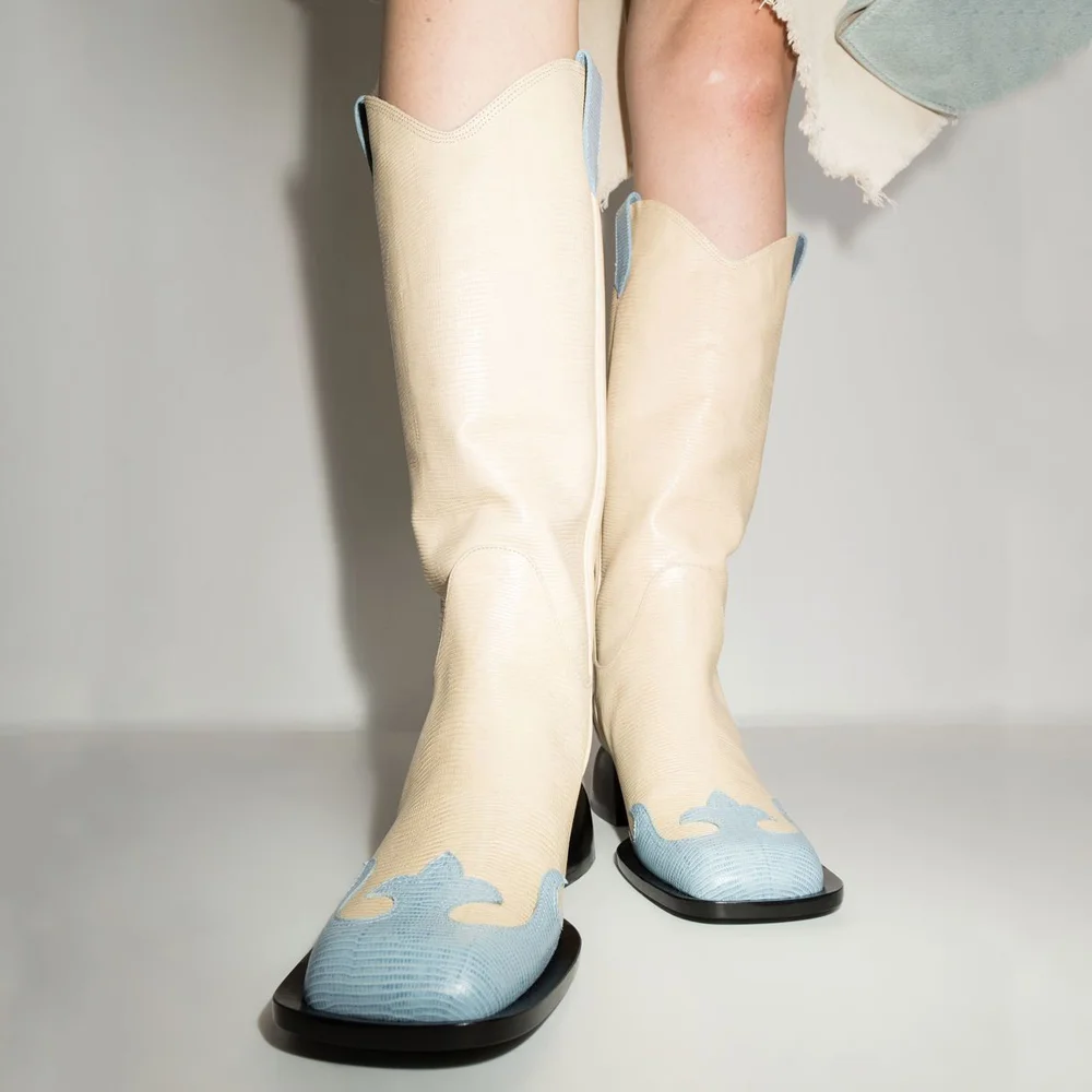 Beige & Blue  Closed Square Toe Knee High Winter Boots With Chunky Heels Nicepairs