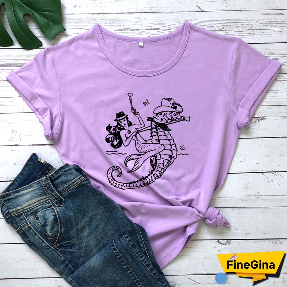 The Cowgirl Mermaid 100% Cotton T-shirt Aesthetic Sea-haw Rodeo Western Tshirt Funny Women Hipster Graphic Tee Shirt Top