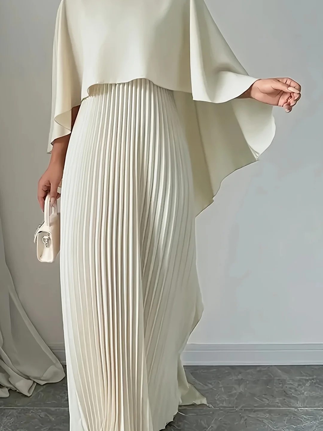 Women's Elegant Solid Color Pleated Midi Dress With Flowing Bell Sleeves - Perfect For Parties, Casual Attire, Polyester Fabric, Fitted Design, Casual Attire | Pleated Midi Dress | Polyester Fabric | IFYHOME