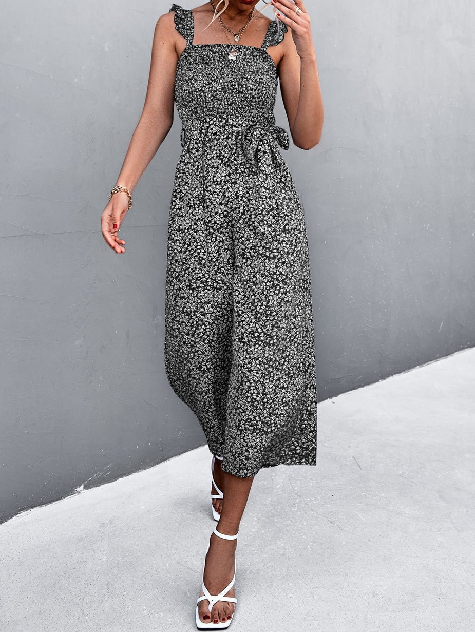 Women's Jumpsuits Printed Flyer Sleeve Belted Jumpsuit