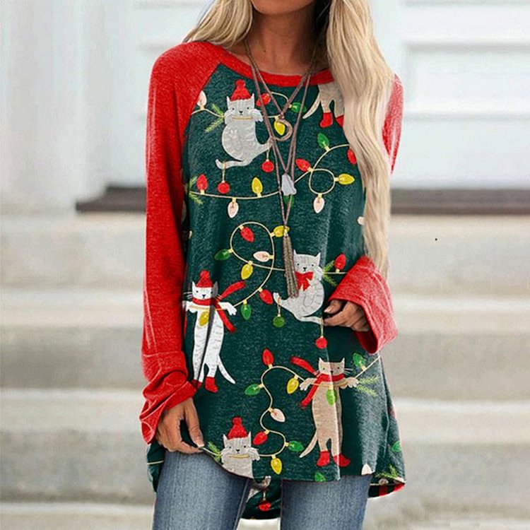 Vefave Christmas Lights Cat Print Tunic