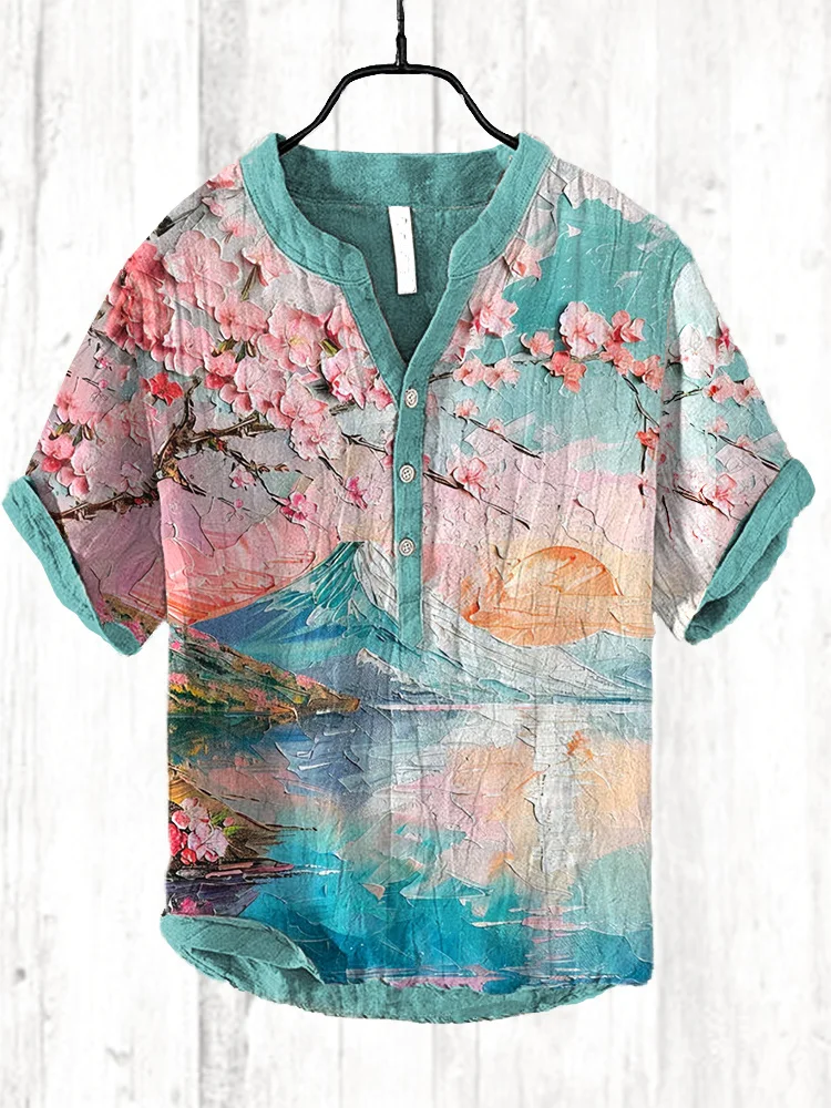 Japanese Landscape Oil Painting Print Cozy Cotton Linen Shirt