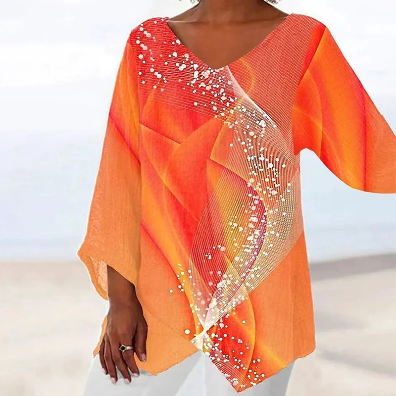 Nigikala Nigikala Women's Clothing 2025 Summer New T-Shirt Casual Loose Irregular Print Long-Sleeved V-Neck Top