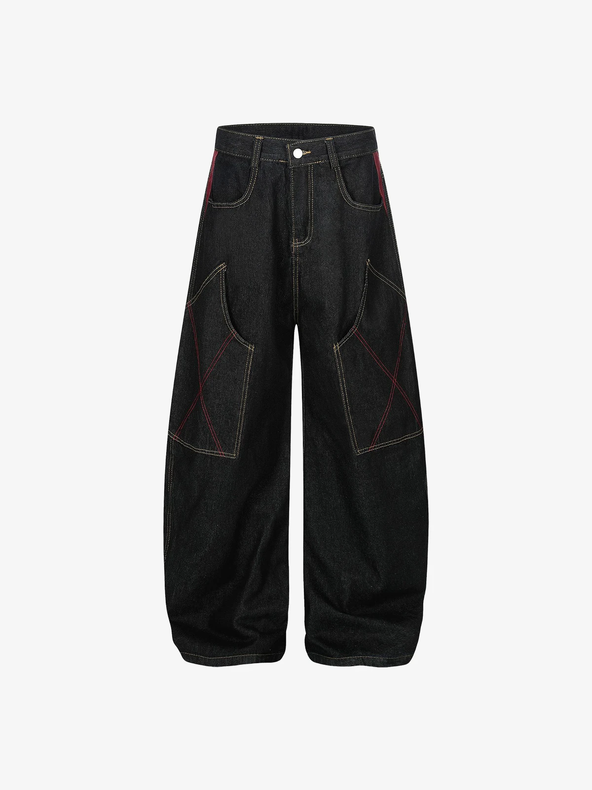 Black Actchic Vintage Stitched Patch Pocket Baggy Jeans Front