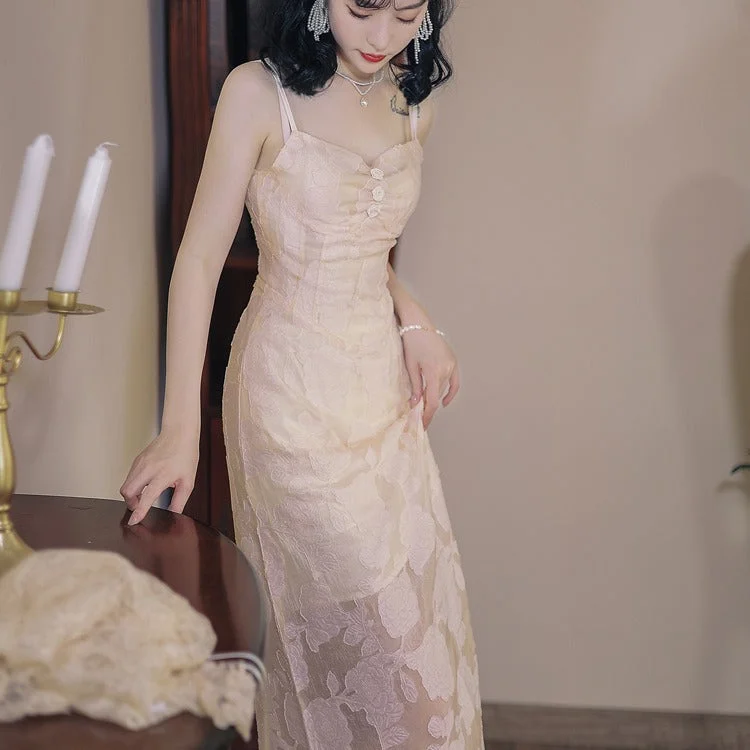 Women Cottagecore Dress Rose Suspender Dress Hepburn Lace High Waist Dress
