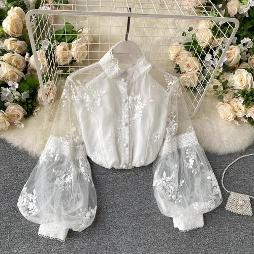 Women French Mesh Lace Blouse Stand Collar Three-dimensional Embroidered Puff Sleeves Court Style Slim Shirt Female Blusa PL610